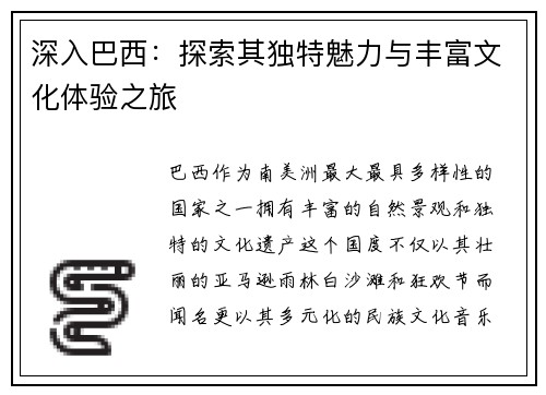 深入巴西：探索其独特魅力与丰富文化体验之旅